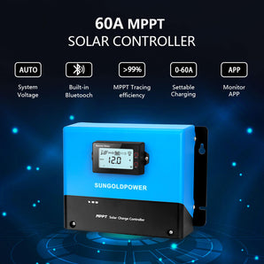 SunGold Power 60A MPPT Solar Charge Controller | High-Efficiency 99.9% Tracking | Auto-Detect 12V/24V/48V | Battery Selector & Bluetooth Control