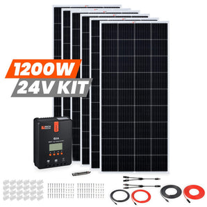 Rich Solar 6 Panel Solar Kit | 1200 Watt | 24V Monocrystalline Solar Panels | MPPT Controller | Pre-Assembled Wiring Harness