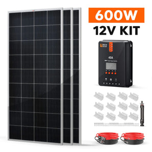 Rich Solar 3 Panel Solar Kit | 600 Watt | 3 High-Efficiency Monocrystalline Panels, 40A MPPT Controller, Pre-Assembled Wiring Harness