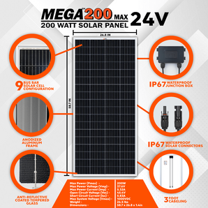 Rich Solar MEGA 200 Watt Monocrystalline Solar Panel | Best 24V Panel for RVs and Off-Grid | 25-Year Output Warranty | UL Certified